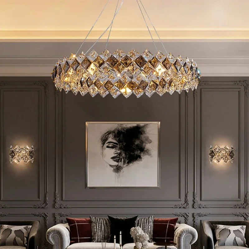 

Dimmable LED Square K9 Crystal Gold Silver Black Hardware 2024 Chandelier Hanging Lamp Round Linear For Dining Room