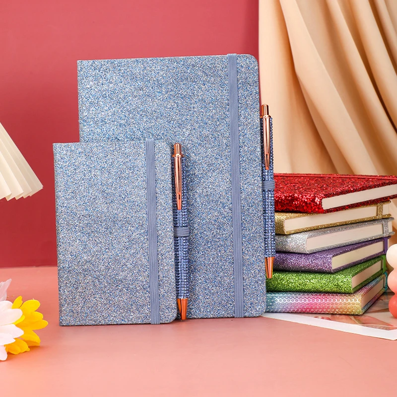 Glitter Cover Notebook with Elastic Band Hardcover Journal Bling Sequins Notepad Student Cute Diary Office Writing Notebook