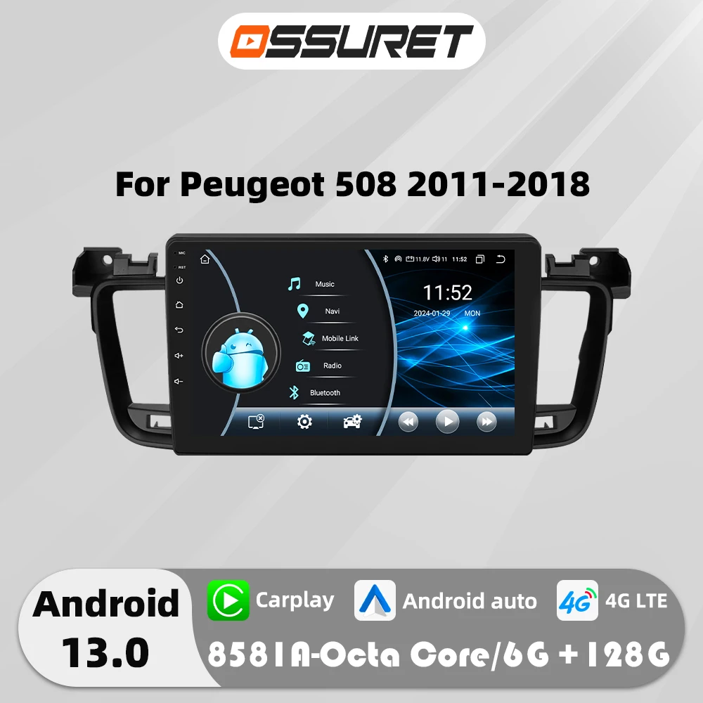 Android 13 Car radio GPS Stereo For Peugeot 508 2011-2018 multimedia player 4G Autoradio navi Carplay 2din Head Unit Screen SWC