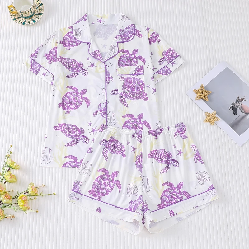 

Sea Turtle Print Pajama Set Satin Short Sleeve Lapel Top With Pockets And Elastic Shorts Plus Breathable Fit Women's Sleepwear