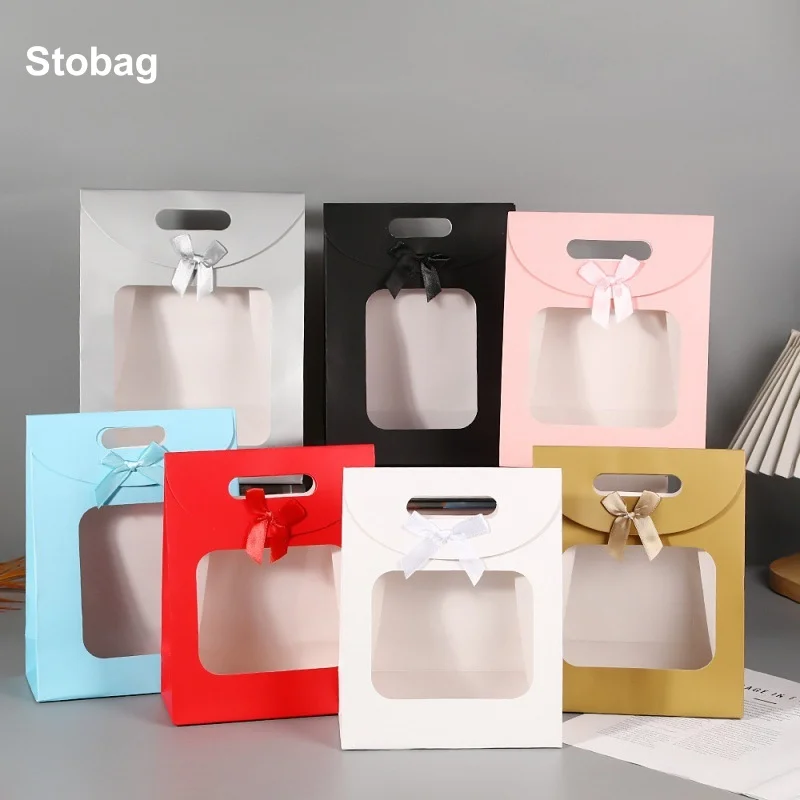 

StoBag 12pcs Flipped Bow Kraft paper Gift Tote Box with Window Packaging Cake Candy Storage Baking Pouch Birthday Party Favor