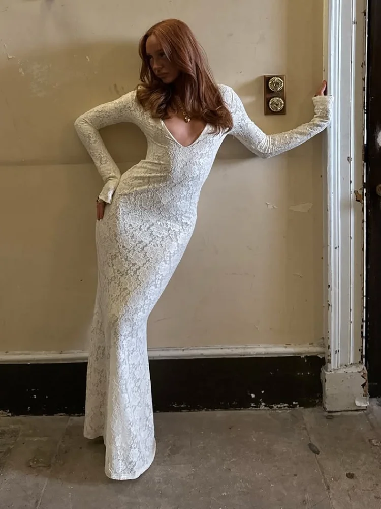 

Элегантное женское кружевное платье миди белого цвета с длинным рукавом и V-образным вырезом, облегающее, сексуальное, для вечеринок и торжественных мероприятий, коллекция 2026, для отпуска и повседневной носки