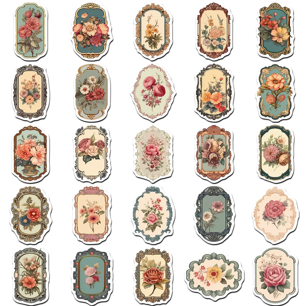 10/30/50pcs Vintage Flower Mirror Graffti Stickes Retro Decals DIY Laptop Phone Notebook Diary Decoration Sticker for Kids Toys