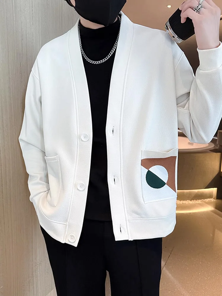 

Trendy V-Neck Open Cardigan Jacket Men's Spring Autumn Style Slim Fit Korean Version Fashionable Youthful Breathable Outerwear