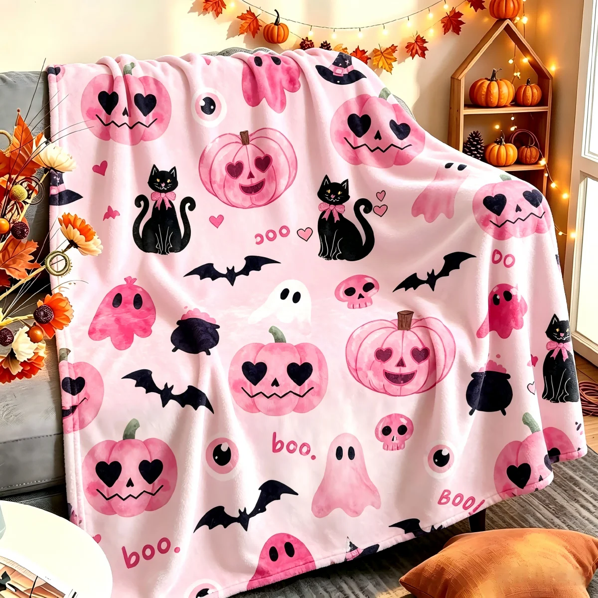 1pc Pink Pumpkin Ghost Blanket for Couch Soft Cozy Blankets Gift Halloween X-mas Flannel Blankets Festival Gifts Four Season Use