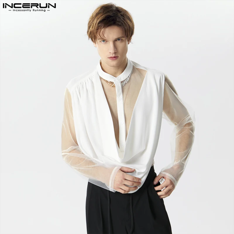 2024 Men's Irregular Shirt Mesh Patchwork Stand Collar Streetwear Long Sleeve Camisas Transparent Fashion Men Clothing INCERUN