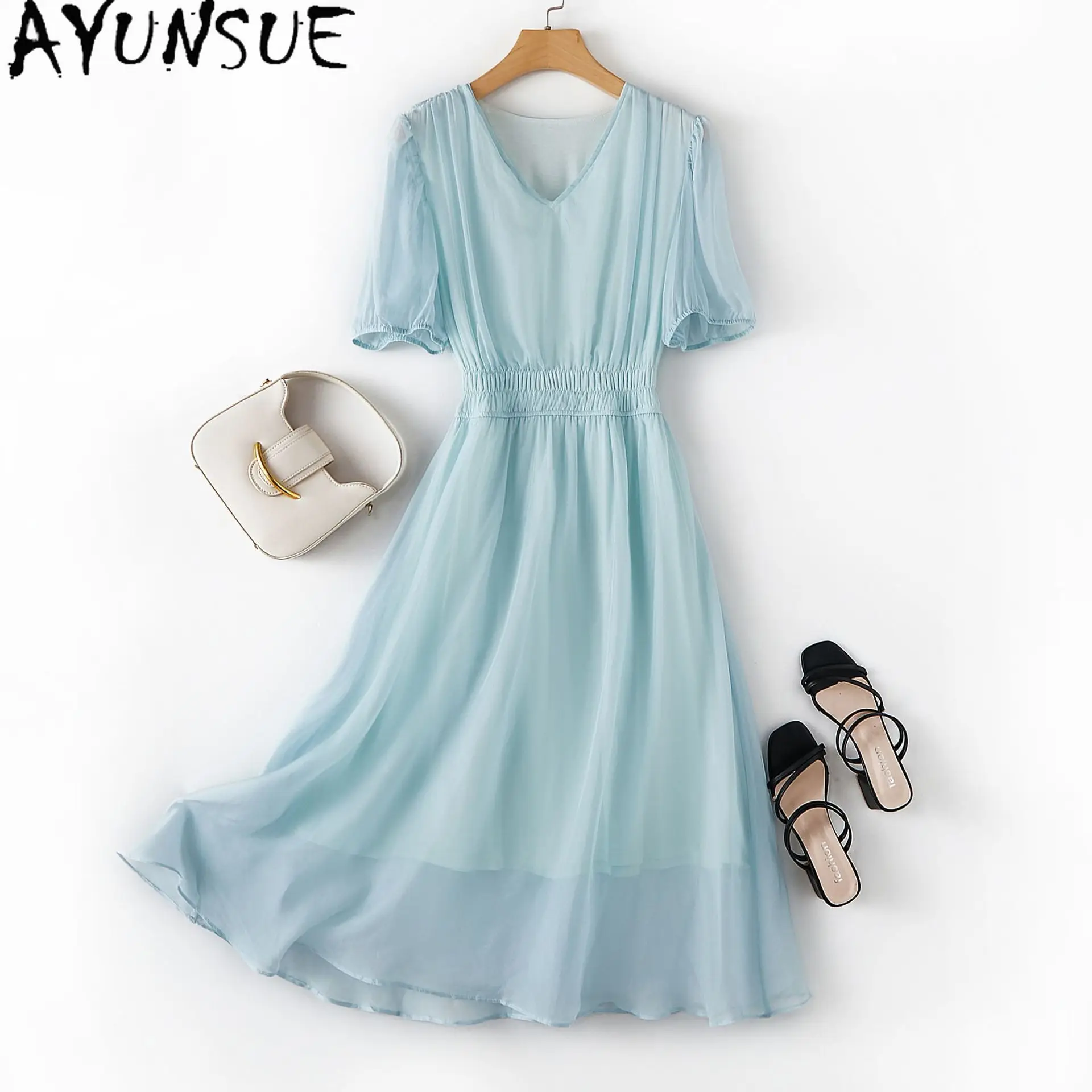 

AYUNSUE Natural Mulberry Silk Women's Dress Solid Elastic Waist Long Dress Woman Clothes Summer New in Dresses 2025 Jupe Femmes