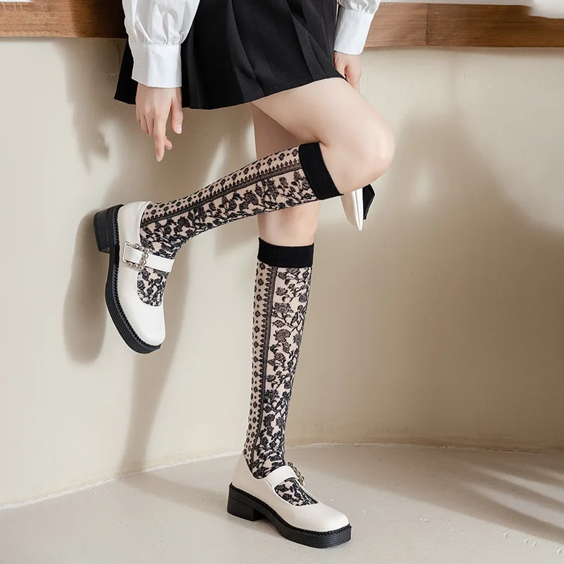 Crystal Silk Socks Stockings Women Summer Ultra-thin Transparent Nylon Long Socks Lingerie Sexy Lace Floral Knee Socks Stockings