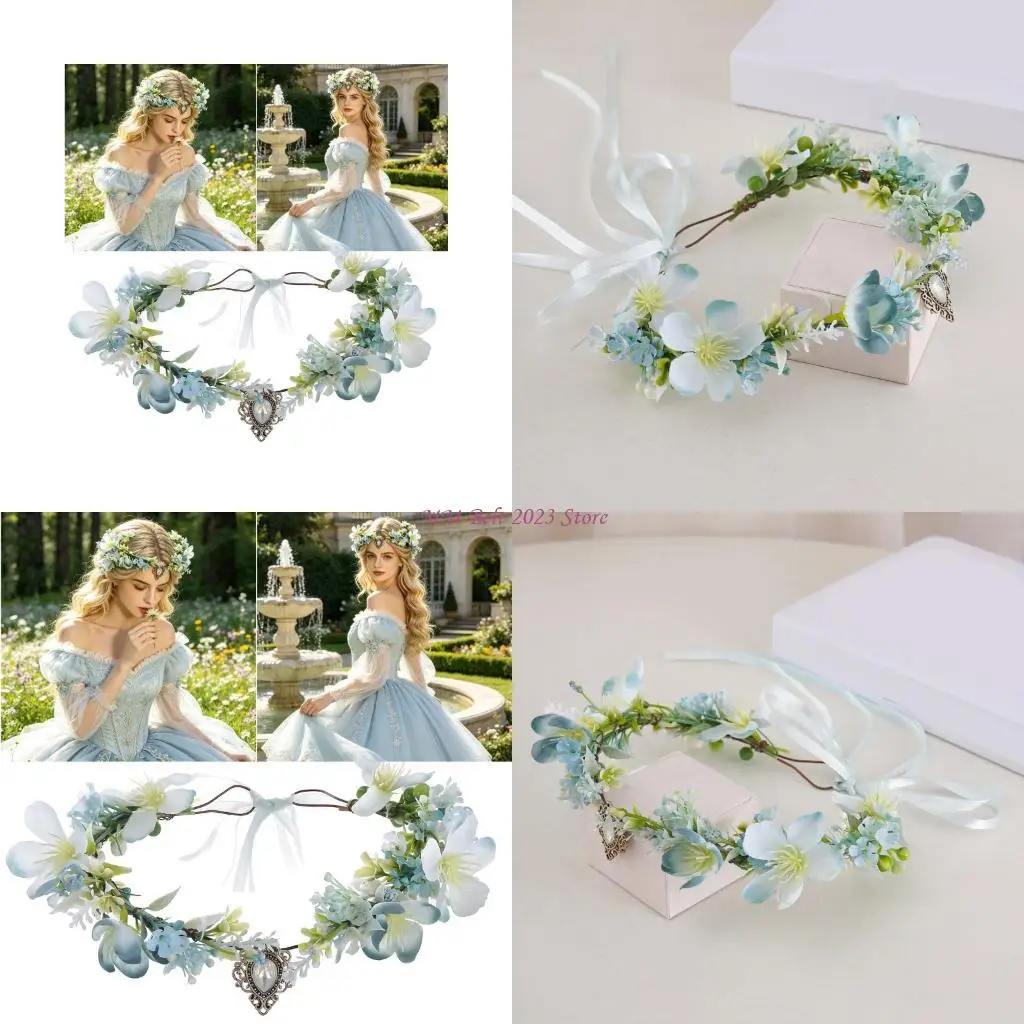

49ME Romance Floral Headpiece With Water Drop Pendant For Party and Stage Performances