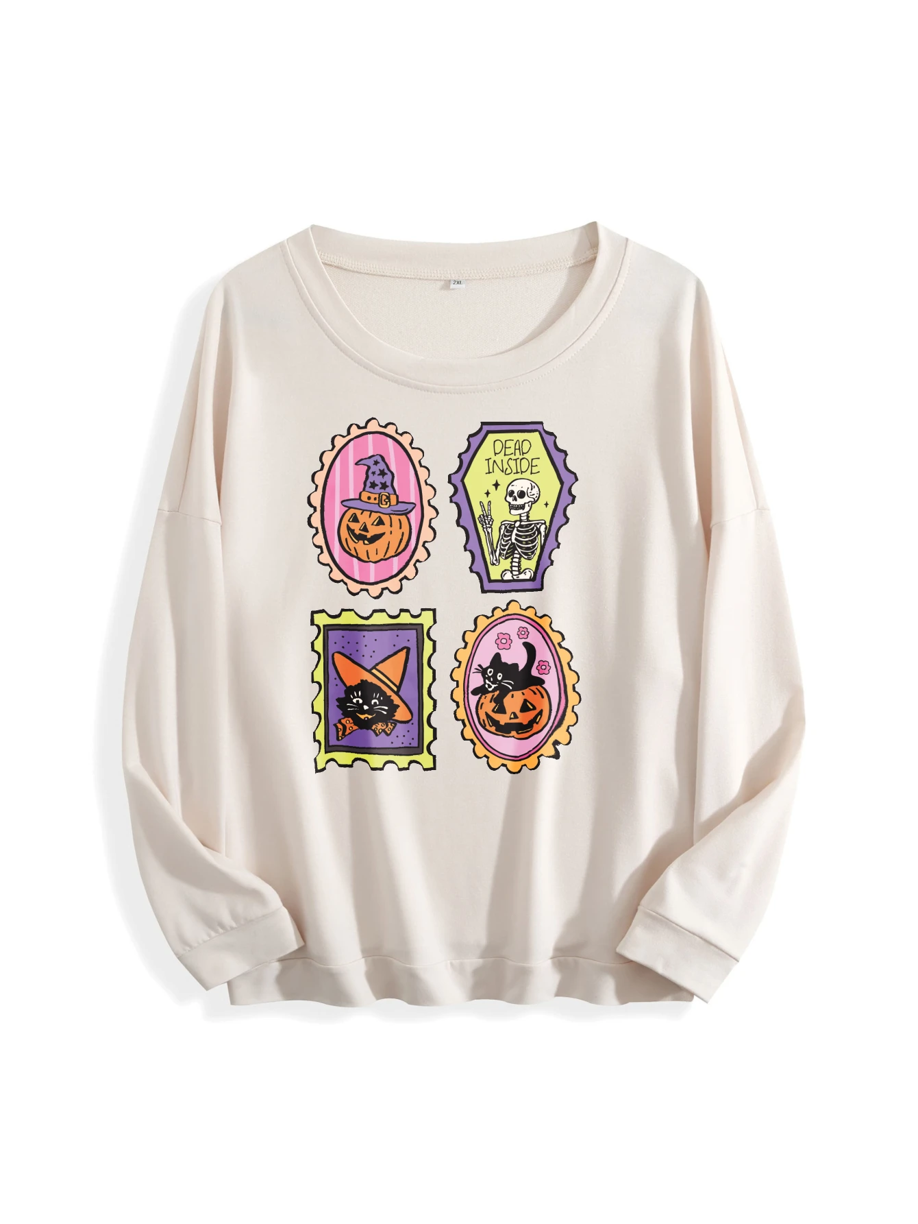 Modny damski sweter na Halloween z wielokolorowym nadrukiem, okrągły dekolt, dopasowany krój, czysta bawełna, idealny na jesień i zimę, styl sportowy na Halloween.