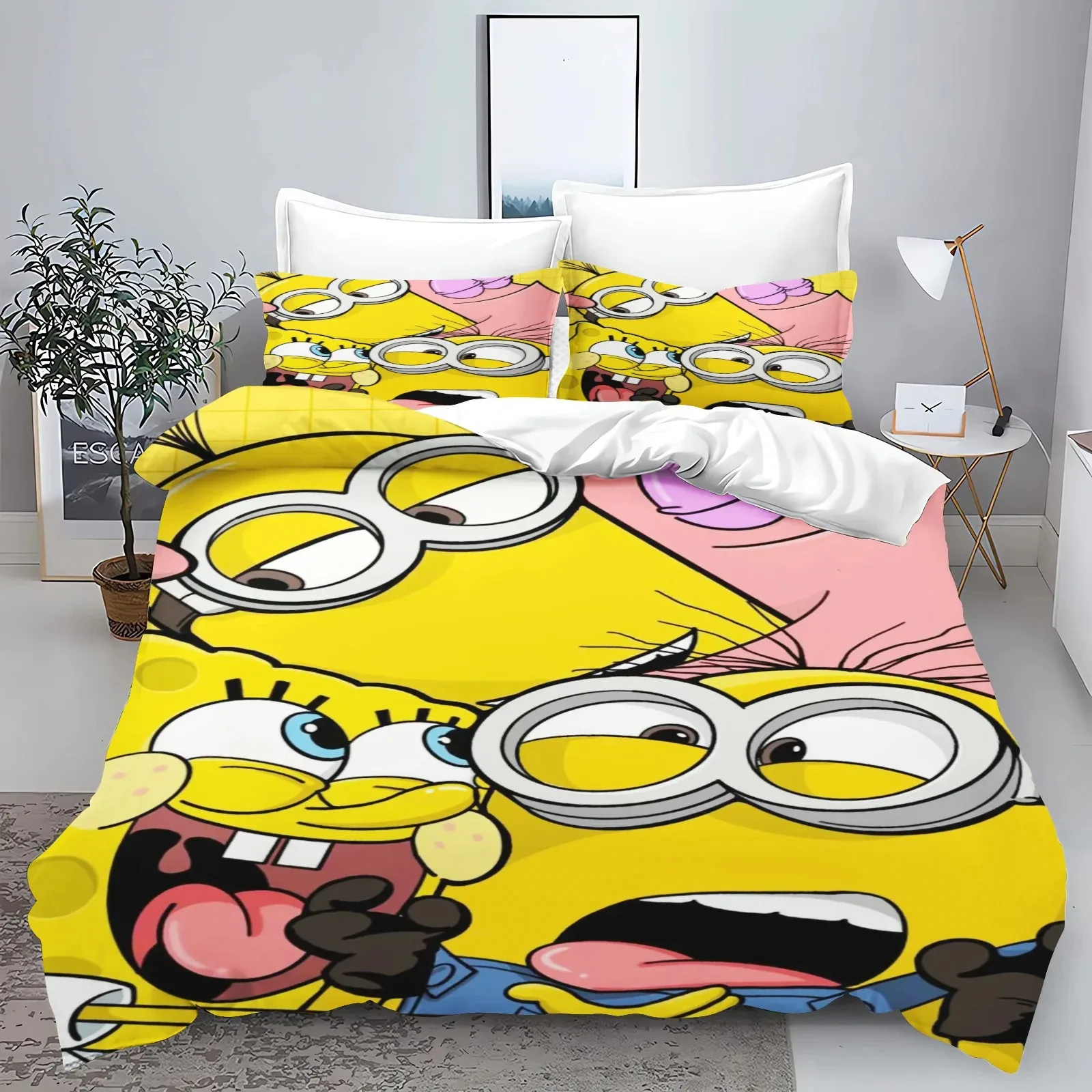 

Minion duvet pillowcase, cartoon print bedding set, family bedroom 3-piece set, boy and girl comforter sets155x220cm