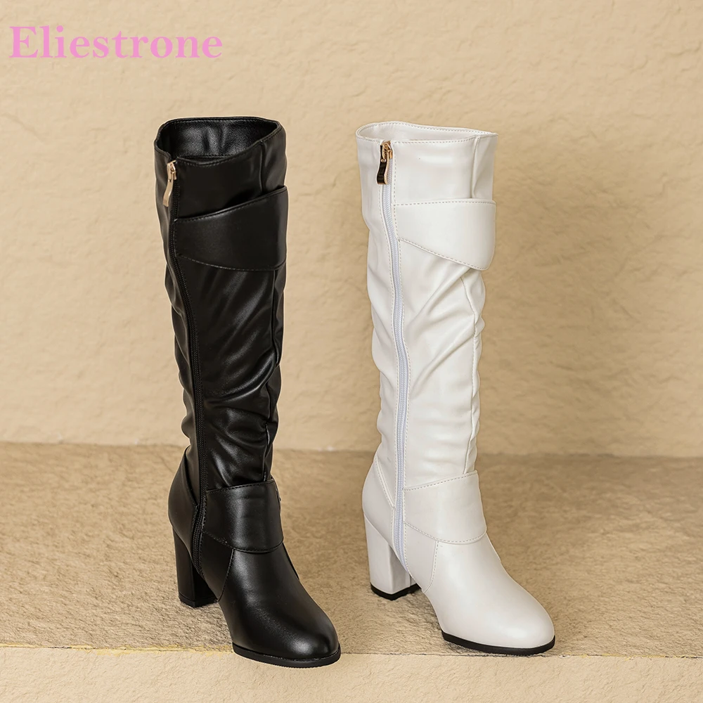 2024 New Winter Sweet Black White Women Knee High Boots Sexy Square High Heels Lady Riding Shoes Plus Small Big Size 33 43 45 52