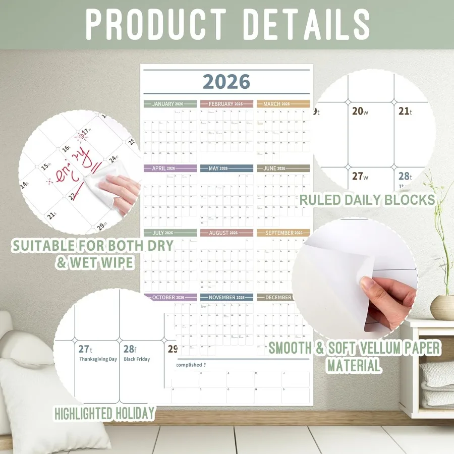 Calendario da parete annuale grande Calendario dell'anno completo 2026 Uno e gennaio 2026 dicembre 2026 Calendario da parete annuale 2026 24"X 48" Planner 2026 Lar