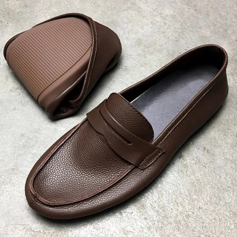 2025 New Breathable Soft Leather Men's Loafers Single-Layer Cowhide Men's Bean Shoes Soft Sole One Foot Lazy Shoes