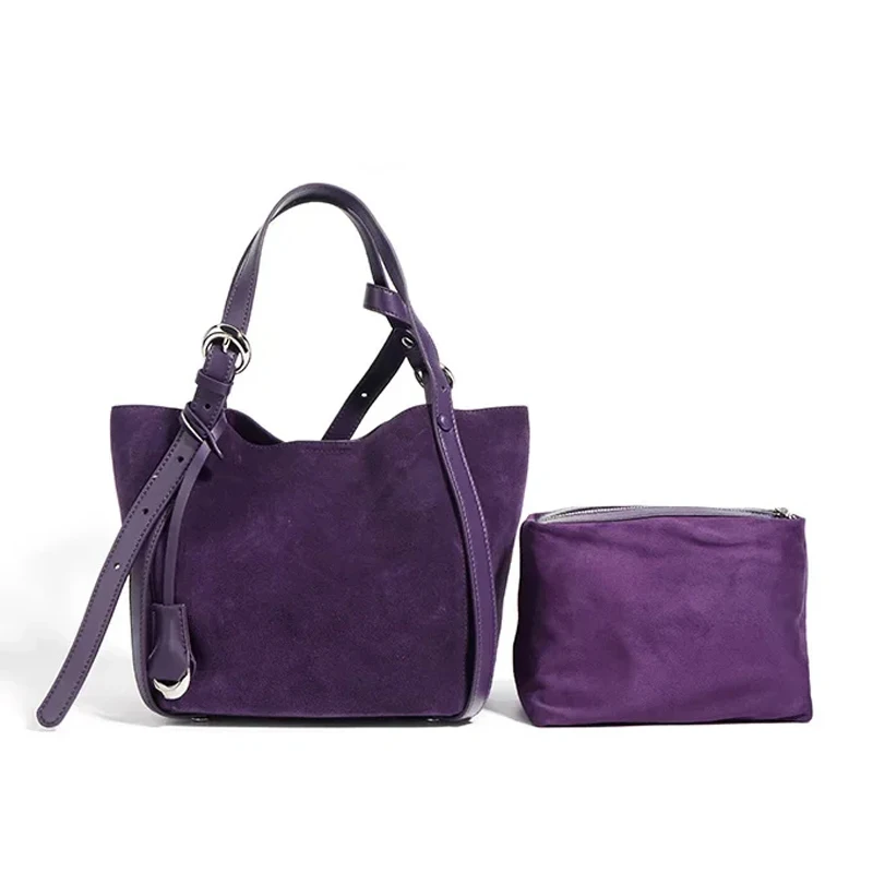 

Genuine Leather Women's Tote Bag Large Capacity Vegetable Basket Bucket Bag Luxury Designer Shoulder Brand Bag For Women Purple