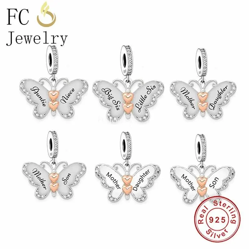 Fit Original Pan Charm Bracelet 925 Silver Niece Auntie Sister Mother Son Heart Connected Butterfly Bead For Making Berloque