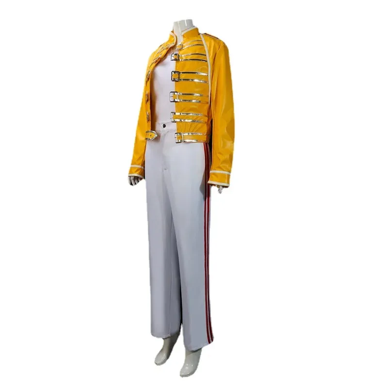 

qq38Queen Lead Vocals Freddie Mercury Cosplay Costume Yellow PU Coat Full Set Uniform Man Woman Carnival Masquerade Ball Suit