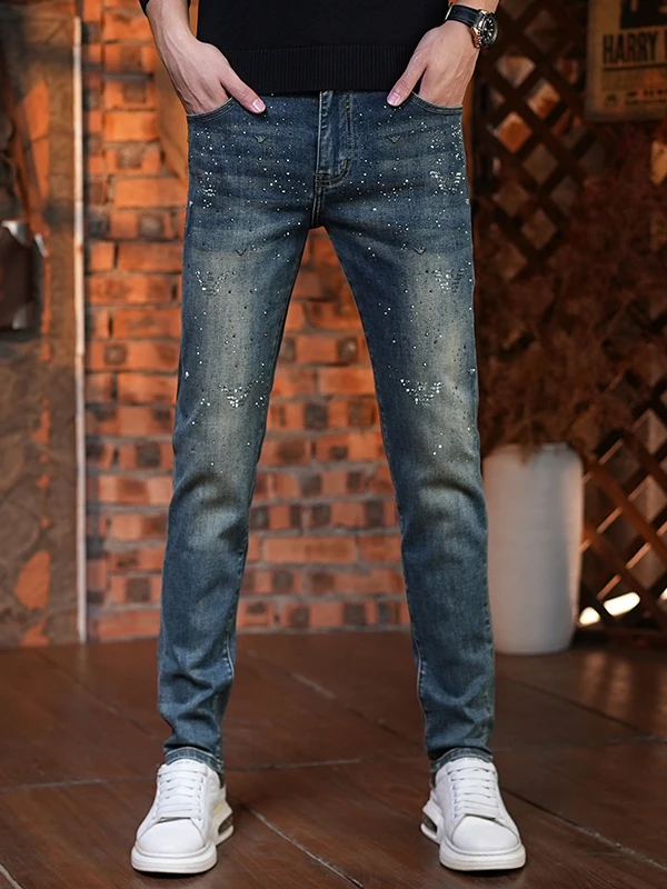 

Мужские джинсы премиум-класса в стиле ретро со стразами, эластичные, зауженные, повседневные, длинные брюки, осенне-зимняя новинка, хлопковый стрейч-деним