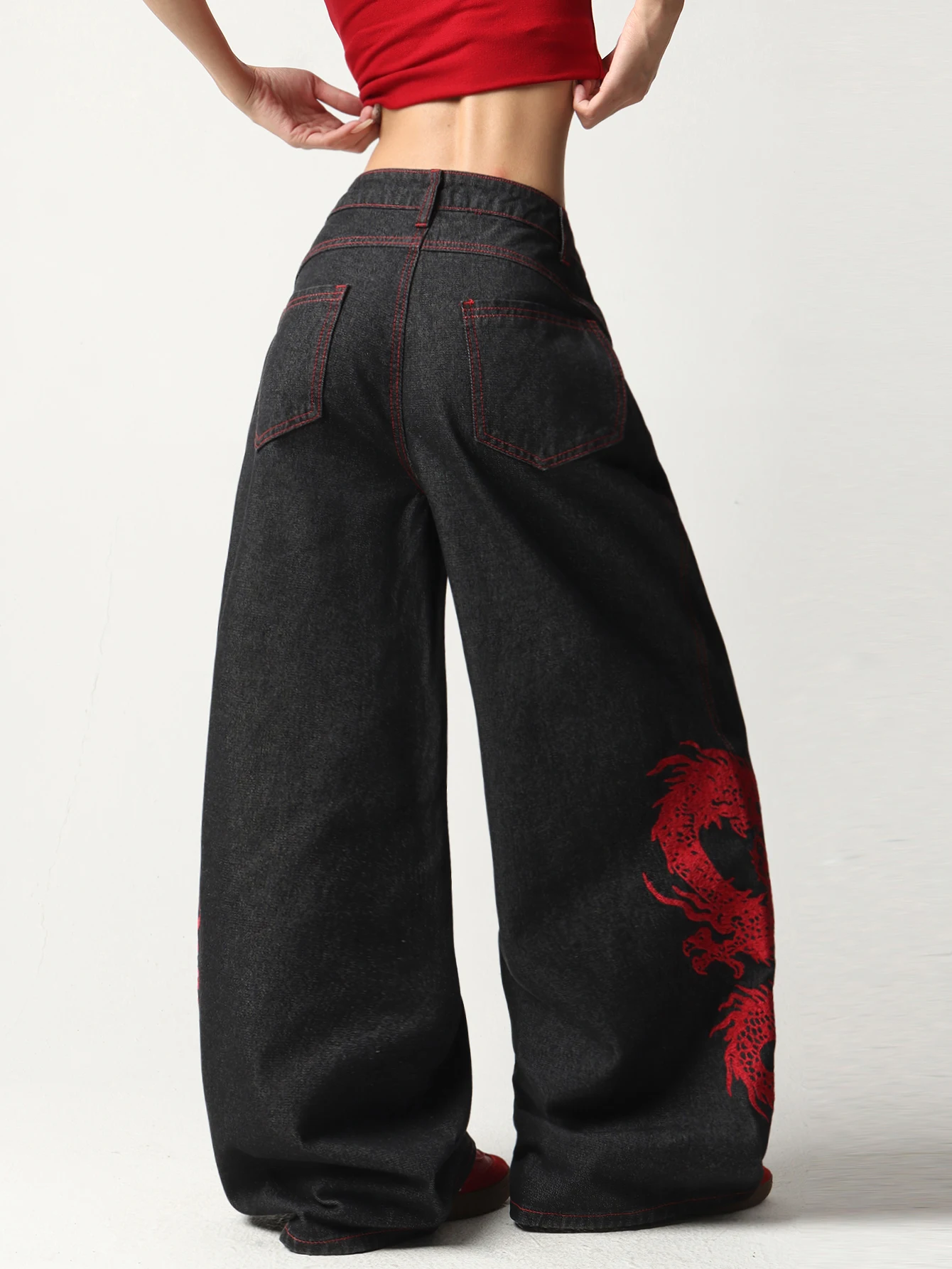 American Retro Heavy-Duty Three-Dimensional Embroidered Women's High-Waisted Jeans - Buttoned Design, Black Straight-Leg Loose Trousers, Casual And Versatile Slimming Wide-Leg Trousers