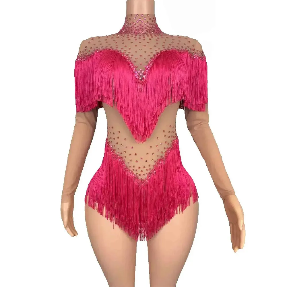 Błyszczący Kombinezon z Dżetami i Frędzlami Damski Seksowny Siateczkowy Kostium na Występy Taneczne Urodziny Imprezę Dancer Klub Nocny Scena
