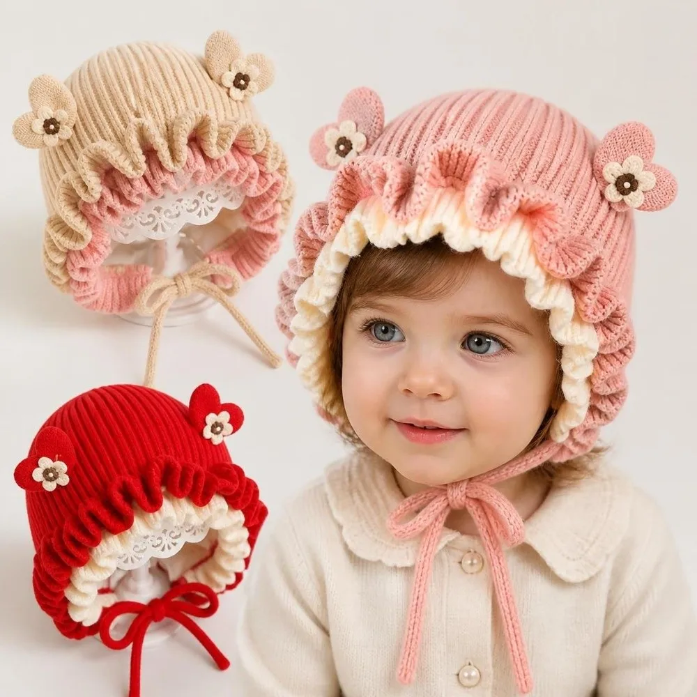 Lace Ruffle Trim Princess Knitted Hat Cotton Knit Elastic Soft Kids Beanie Cap Windproof Coldproof Lined Interior