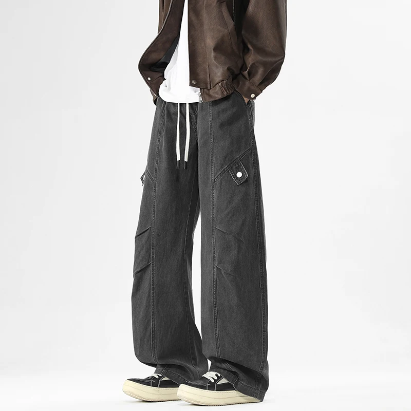 【Mirrordust】Men's Retro Loose Casual Long Pants Pure Cotton Straight Wide-Leg cargo pants for men