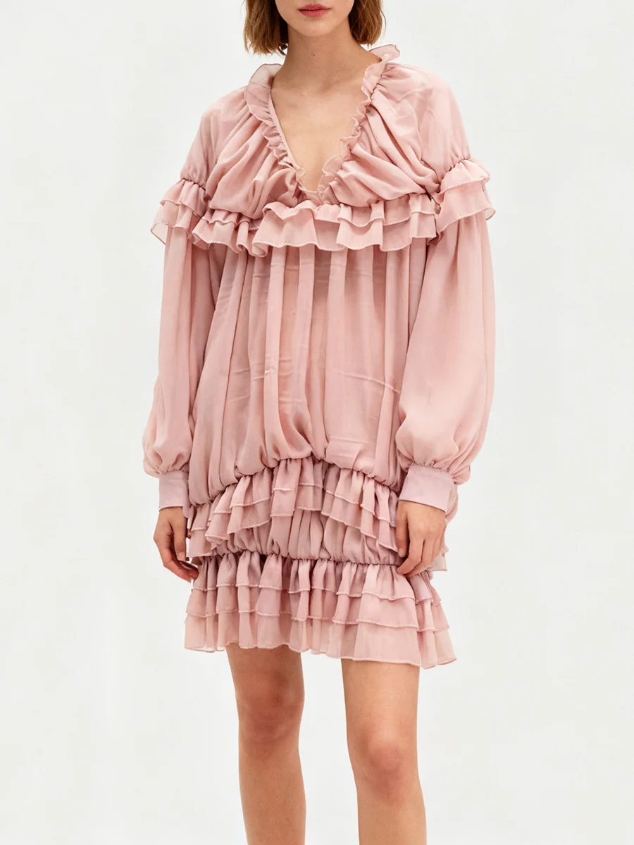 TWOTWINSTYLE الصلبة فضفاض تقسم الكشكشة طيات فساتين غير رسمية للنساء الخامس الرقبة طويلة الأكمام فساتين راقية الملابس النسائية جديد