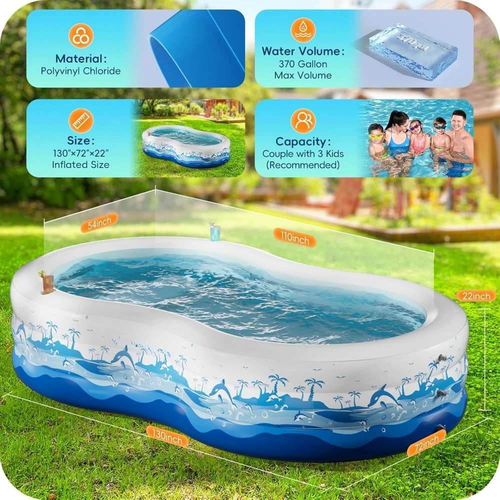 

Inflatable Pool for Kids and Adults, 130” x 72” x22” Large Swimming Pool with Bench Drink Holder Family Sized Blow Up Pool for B