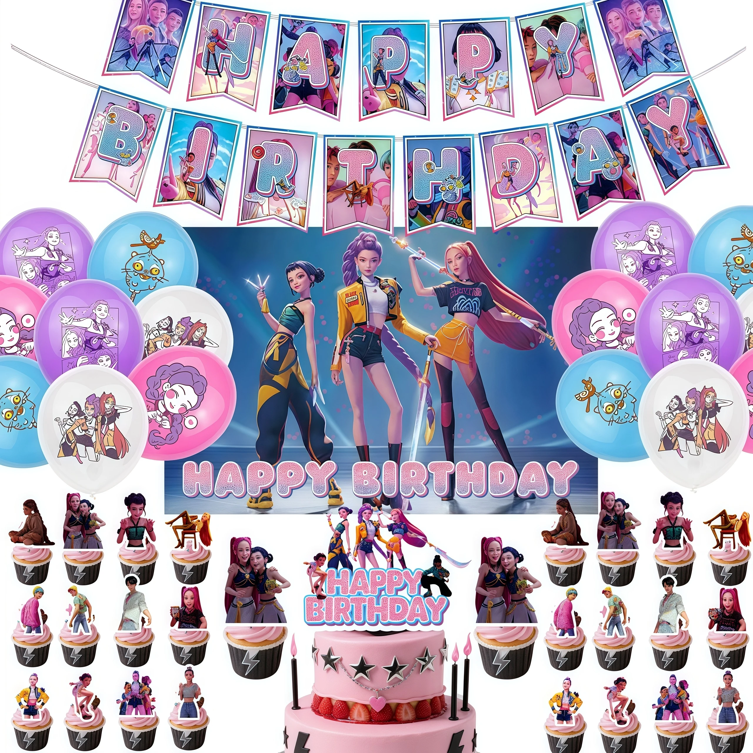 Kpop شيطان الصيادين عيد ميلاد بالون الديكور مجموعة أنيمي الموسيقى فتاة العلم سحب كعكة توبر طفل لوازم الحفلات هدية لصالح ديكور