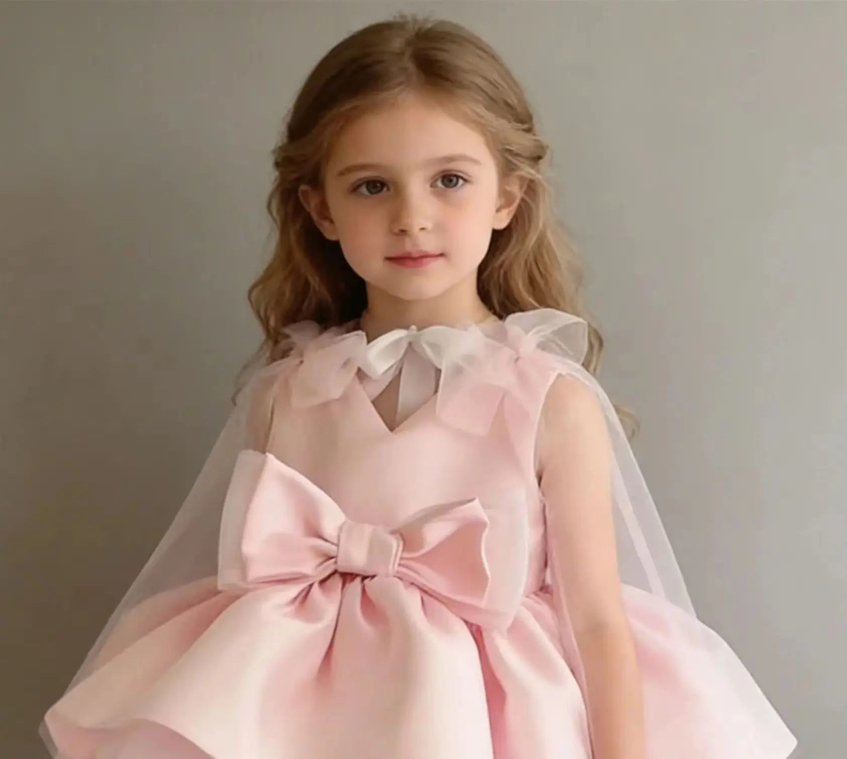 

Customized Flower Girl Dress for Wedding Satin Sleeveless Puffy Bow Knee Lenght Kids Birthday Holy Communion Prom Party Gown