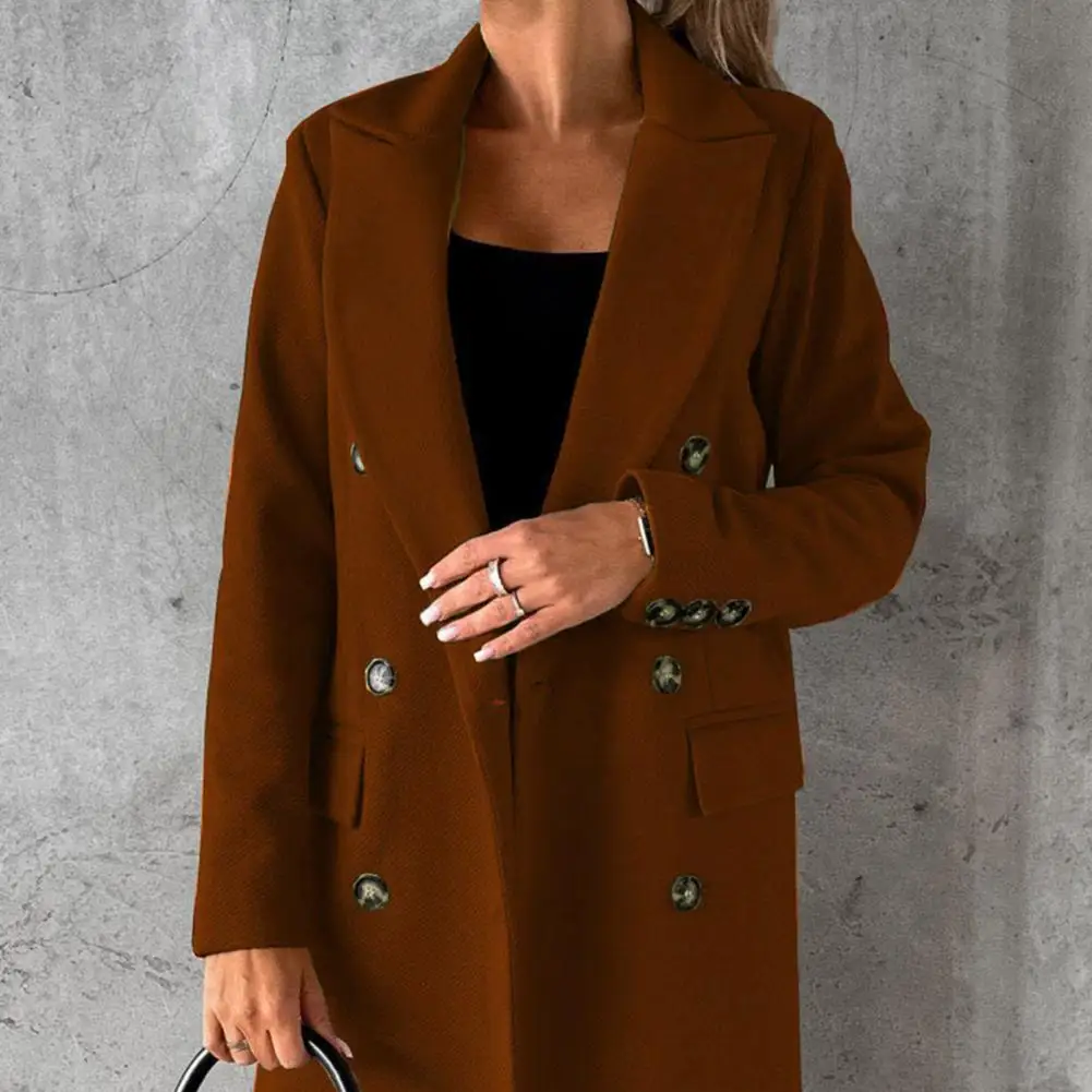 Winter Overcoat Elegant Women's Woolen Double-breasted Coat with Turn-down Collar Mid Length Thermal Overcoat for Commuting