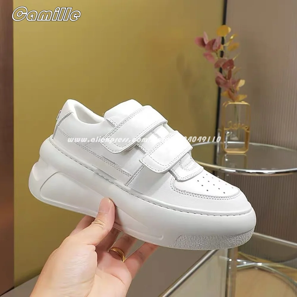 

Solid Simplicity Hook&Loop Thick-Sole Casual Skateboard Shoes Round Toe Air Mesh Hollow Shoes INS Fashion Classic White Shoes