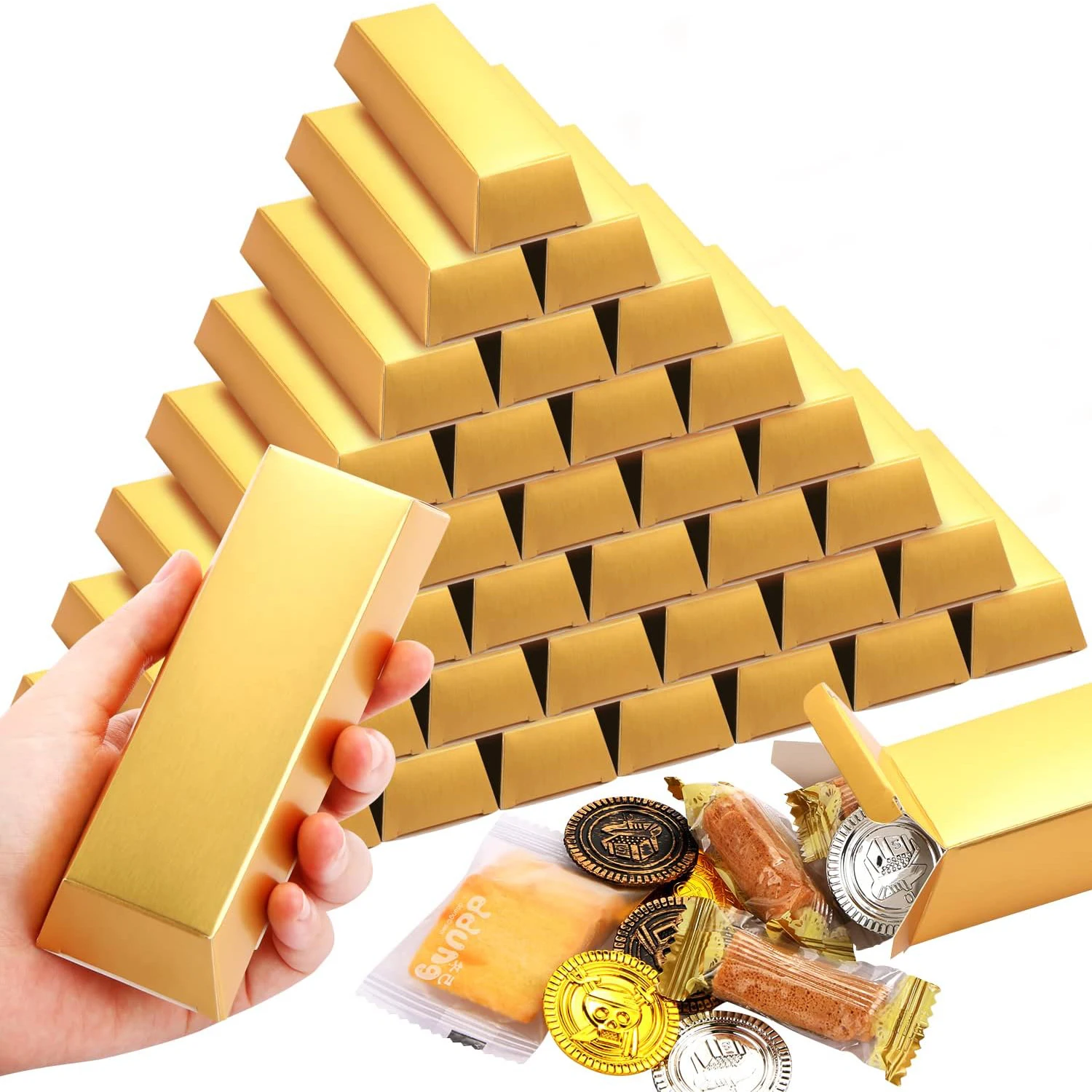 10Pcs Fake Gold Bar Gift Boxes Simulated Foil Gold Chocolate Boxes DIY Snack Goodies Cardboard Decorations for Birthday Party