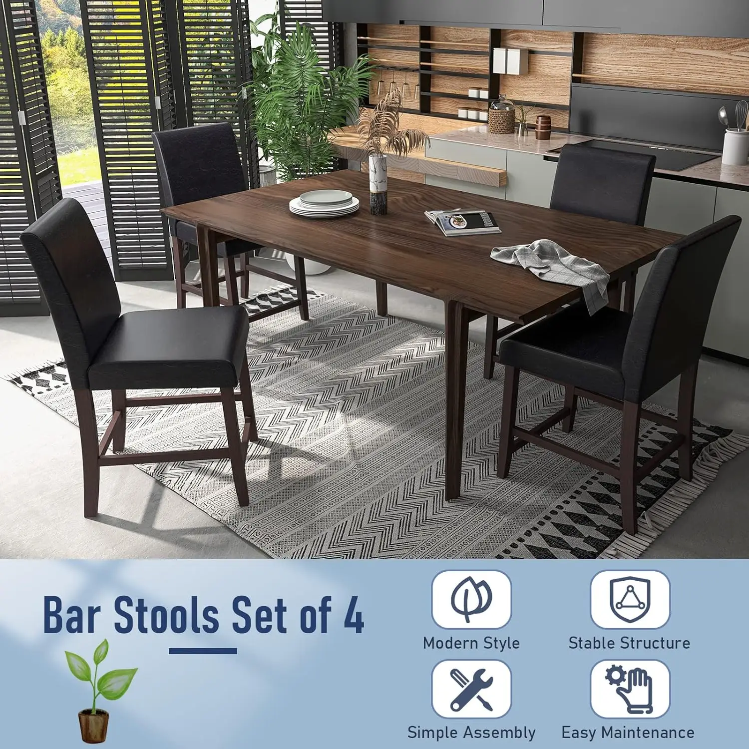 Juego de 4 taburetes de bar Costway, taburetes de bar con altura de mostrador con patas de madera de caucho y respaldo ergonómico, cómodo reposapiés y sin brazos