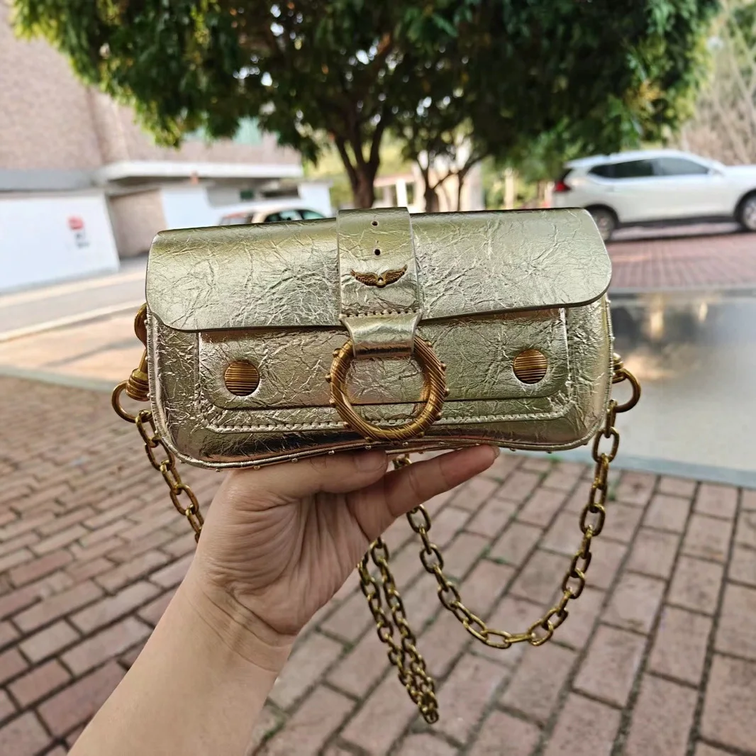 

Новая винтажная мини-сумка-кроссбоди во французском стиле 2026 года с шипами и позолоченной цепочкой, модная повседневная сумка для женщин