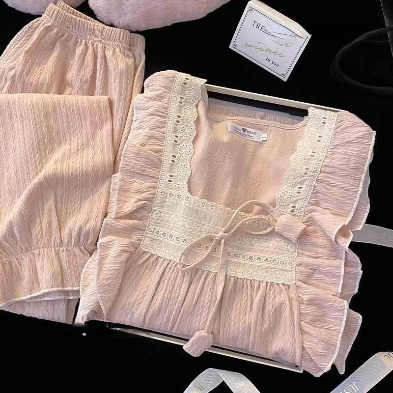 Pajama Sets for Women Home Lace Design Sweet Bandage Casual Aesthetic Princess Girlish All-match Sleepwear Korean Fashion Mujer