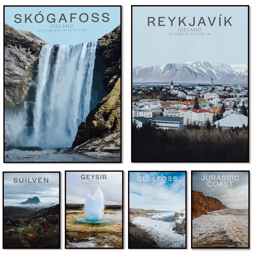 Jurassic coast, Devon, Dorset, Cornwall, Reykjavik, Hot Springs, Iceland, Sulwin, Assint, North West Highlands travel poster