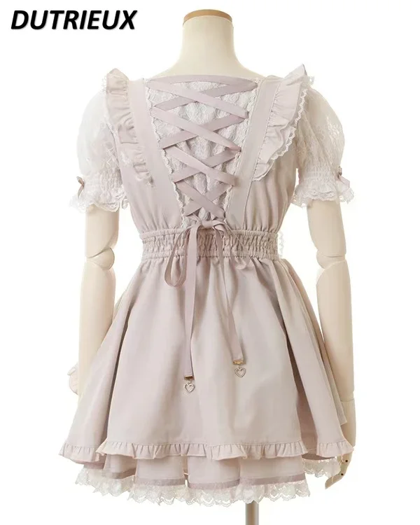 2025 NUOVO abito slim fit a maniche corte con scollo quadrato Ragazza carina giapponese Dolce fiocco in pizzo con bordo volant Abiti e gonna base