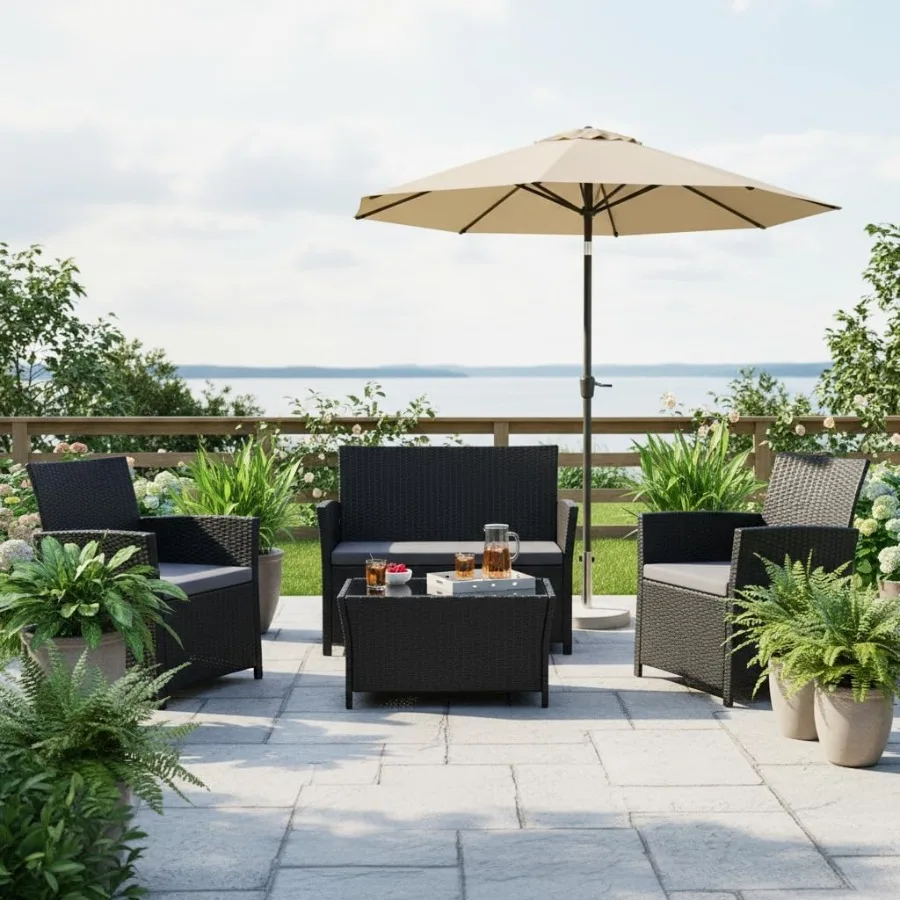 مجموعات أثاث الفناء الخارجي المكونة من 4 قطع للفناء الخلفي للشرفة: طقم أريكة متينة للمحادثة من الروطان مع لمسة نهائية باللون الأسود والرمادي نحن #4