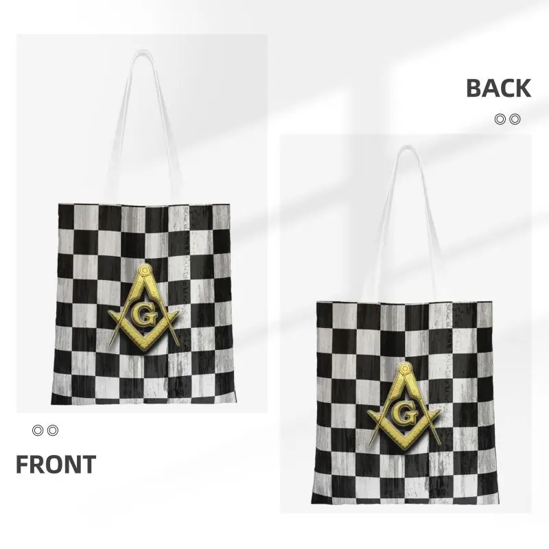 Fashion Print Square Compass And Checkers Tote Shopping Bags Reusable Canvas Shoulder Shopper Masonic Freemason Handbag