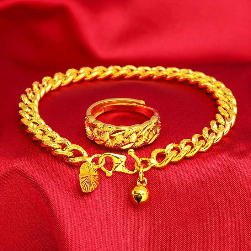Copy 100% pure gold  Vietnamese Sand Gold Vintage Twist Bracelet Set Gold Plated Perfect Wedding Festival Gift