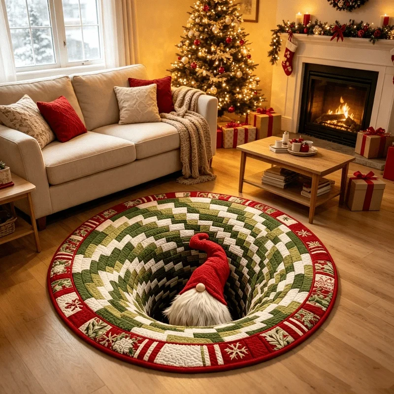3D Illusion Gnome Christmas Round Area Rug, Checkered Printed Floor Mat, Spooky Holiday Home Decor Carpet