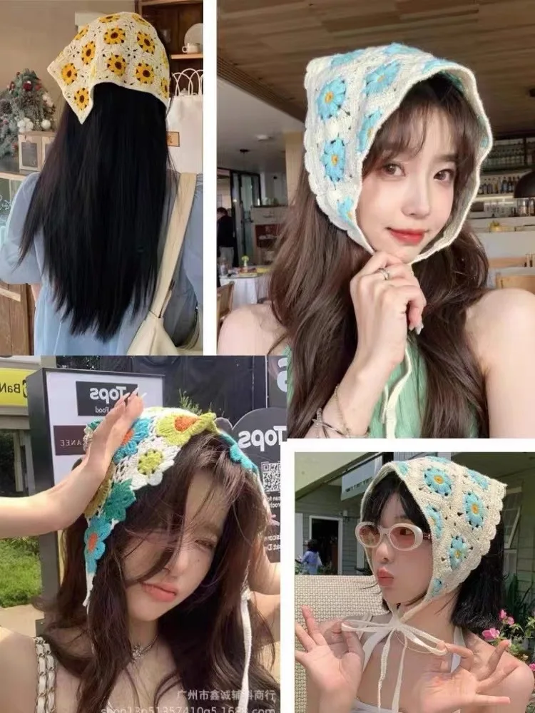 Retro Süße Blume Dreieck Haar Schal Frauen Sommer Gestrickte Stirnband Bandana Kopftuch Haar Zubehör – Detail 3