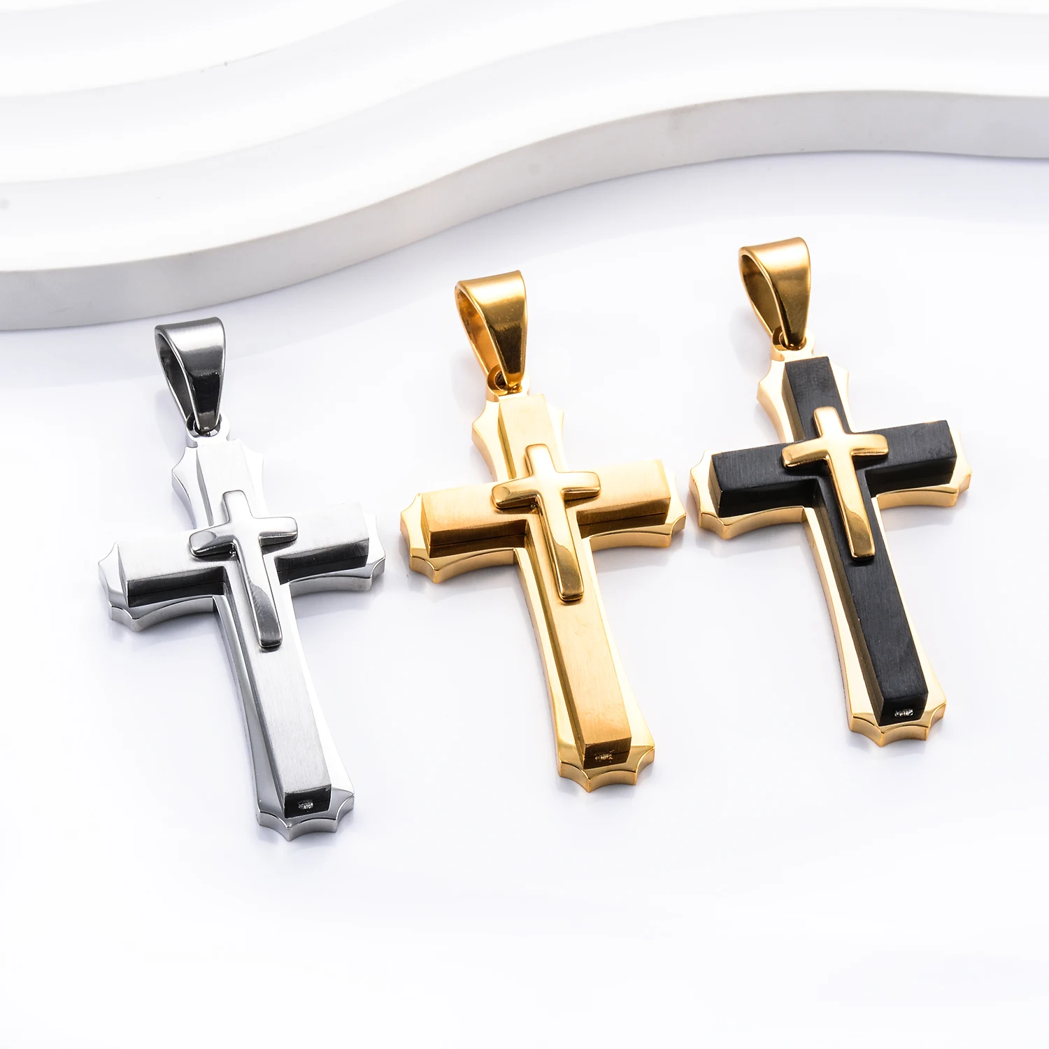 Stainless Stee Lamination Punk Pray Cross Pendant with Letter for Men Women Black Silver Gold Color Jewelry Gifts