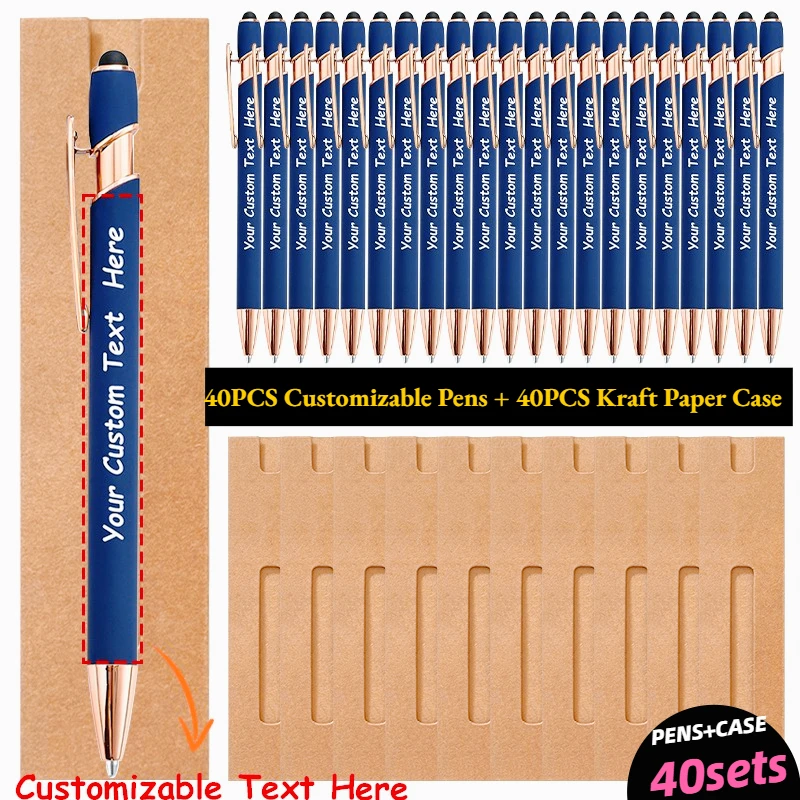 40Sets Customizable Metal Ballpoint Pens Set Kraft Paper Case Engraved with Names Company Websites for Birthday Party Gifts