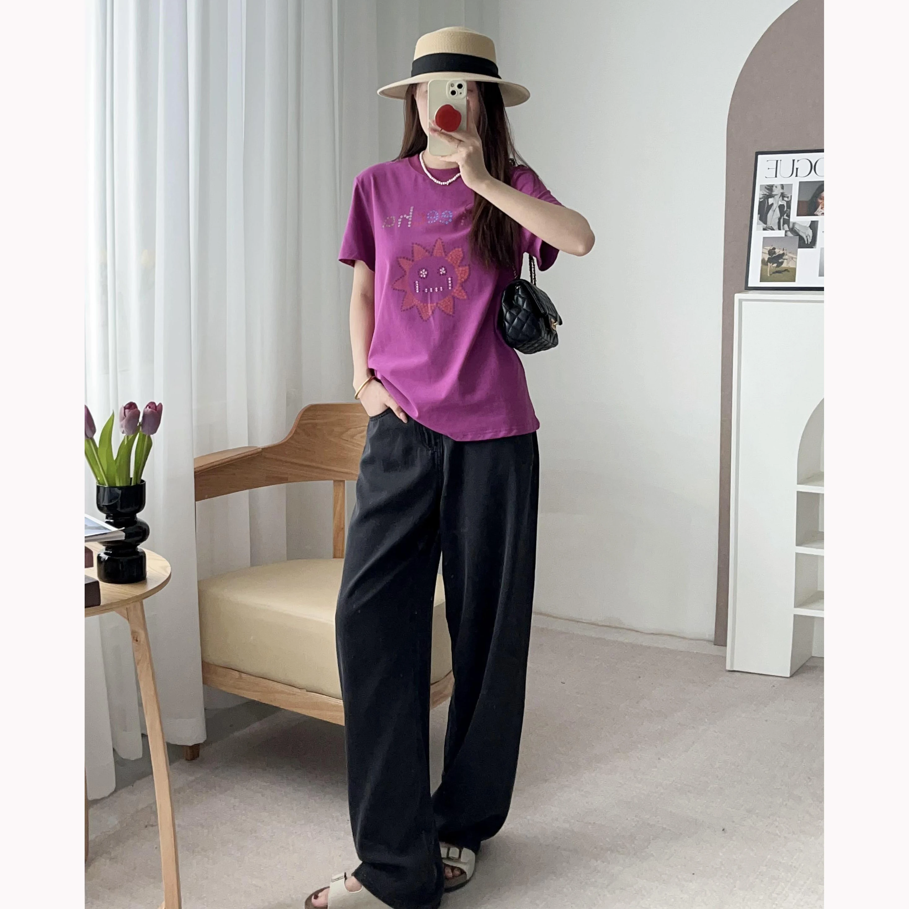 

Hand-Painted Sun Print round Ne Loose ort Sve T-irt Women Summer Cotton Comfortable Breathable Moisture Wic...