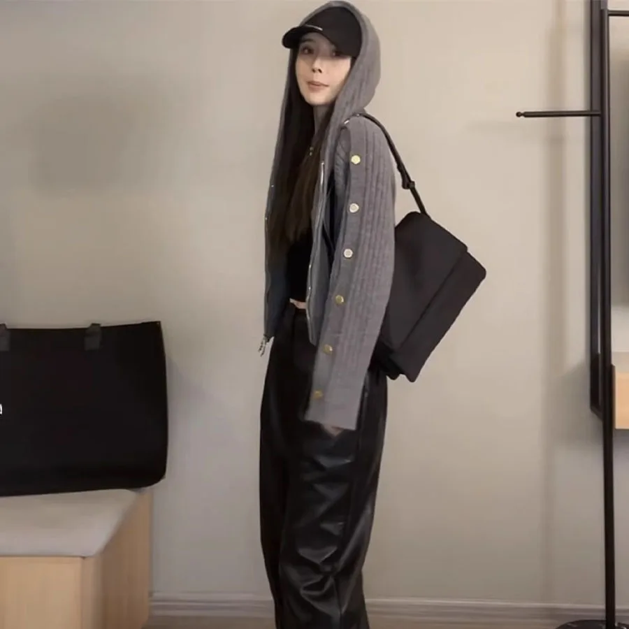 Dubbele Rits Korte Gebreide Vest Met Capuchon Voor Vrouwen Nieuwe Losse Knop Ontwerp Luie Stijl Mode Grijze Trui Jas Top