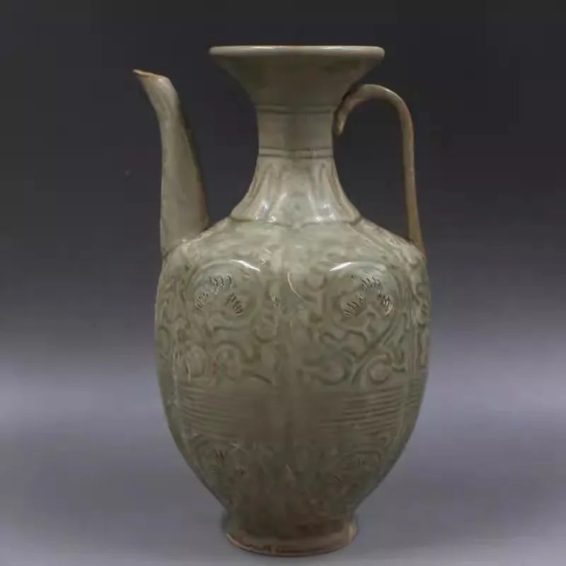 7.87 inch Chinese Song Yaozhou Kiln Brown Porcelain Carved Flowers Design Teapot