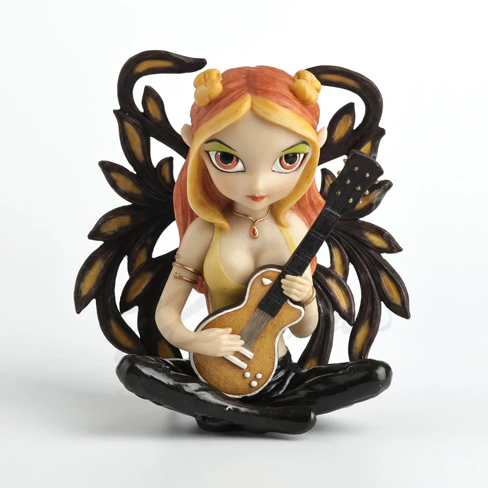Rock Music Fairy Resin Statue Elf Girl Figurine With Electric Guitar Leaf‑Shaped Wings Home Desktop Decorative Ornament Gift