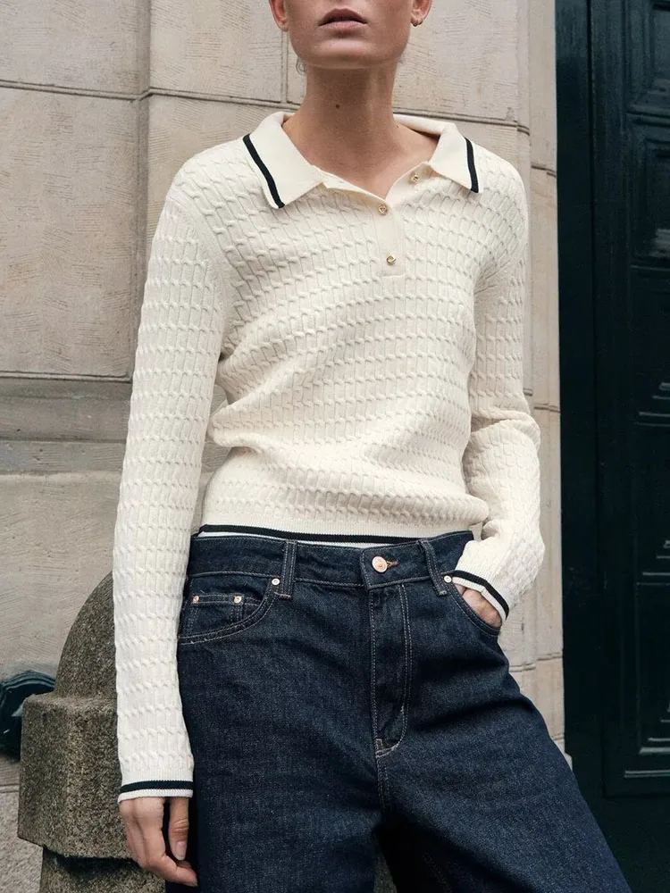 Printemps nouveauté femmes tricoté Long Sve irt col huit brins tissé Simple polyvalent couleur Blo trajet Sle